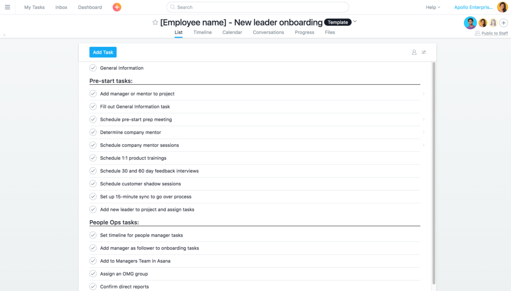 New hire onboarding template in Asana