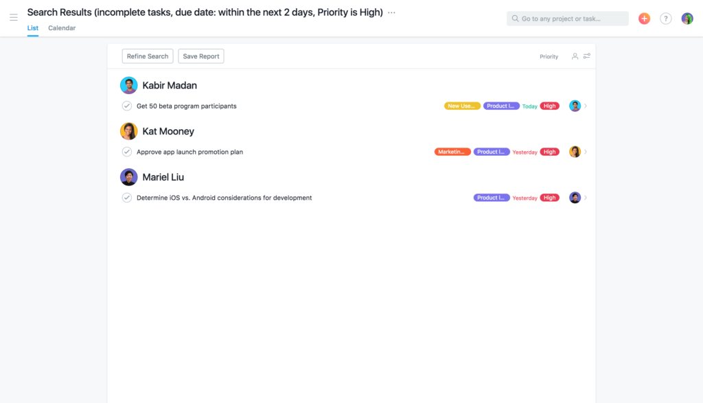 Asana advanced search by priority tasks due in two days by assignee