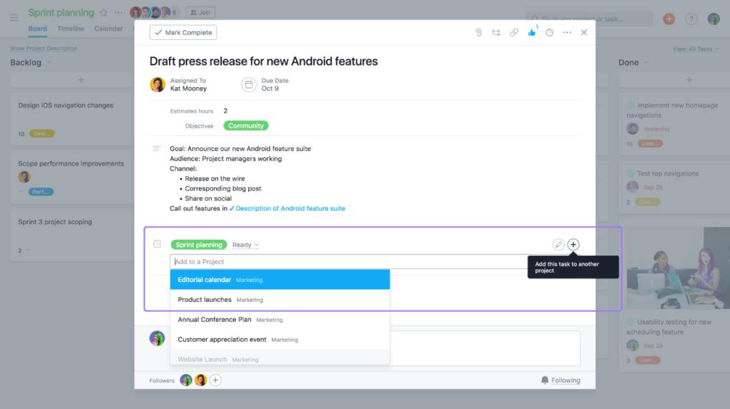 How to store a task in multiple Asana projects