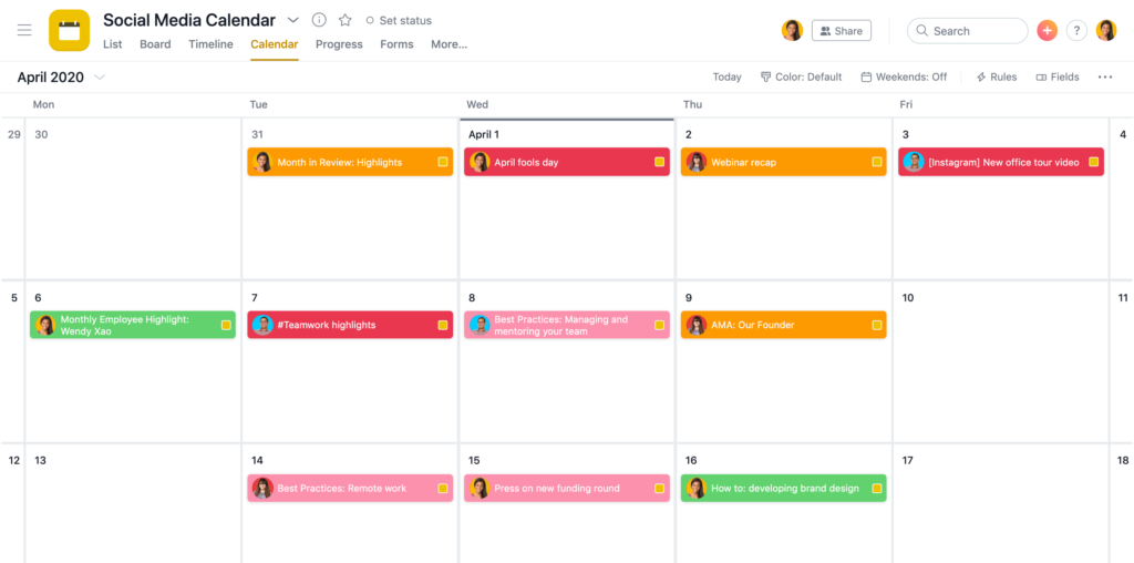 Vista de Calendario de Asana