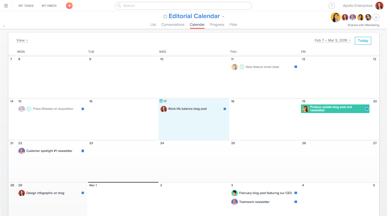 Content calendar example