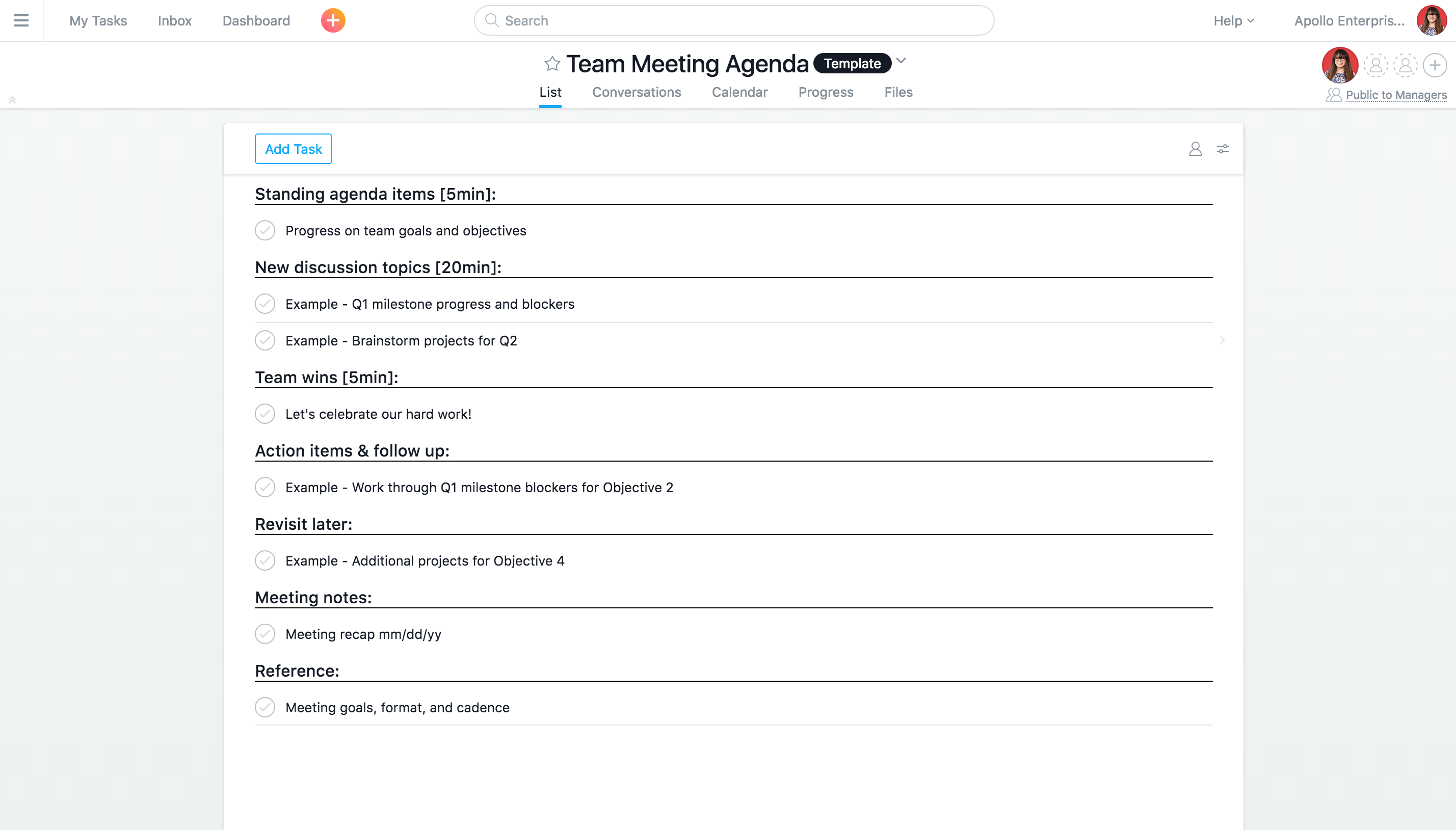 Sample team meeting agenda template
