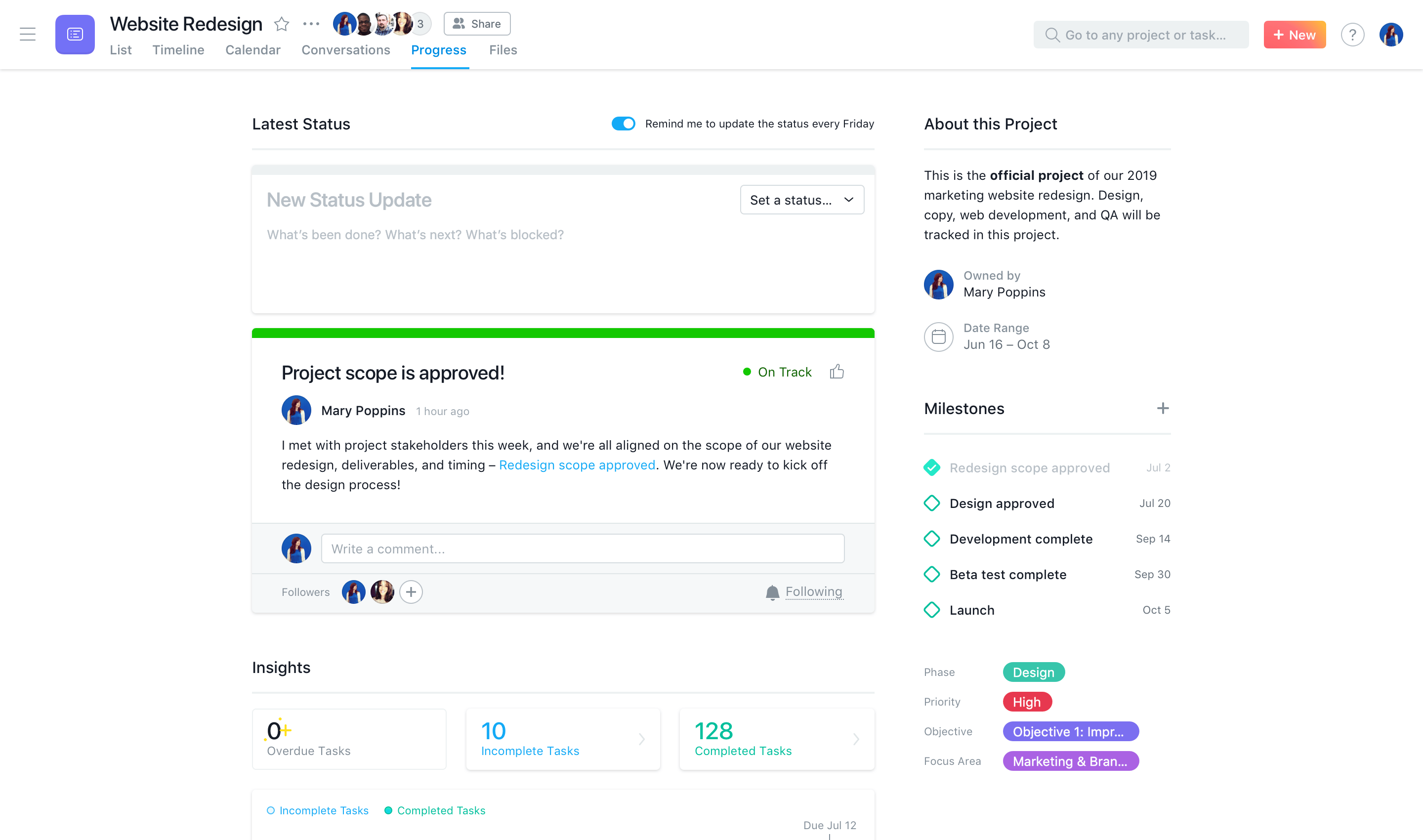 Asana milestones in a status report