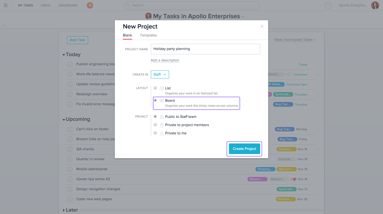 creating a boards project in Asana