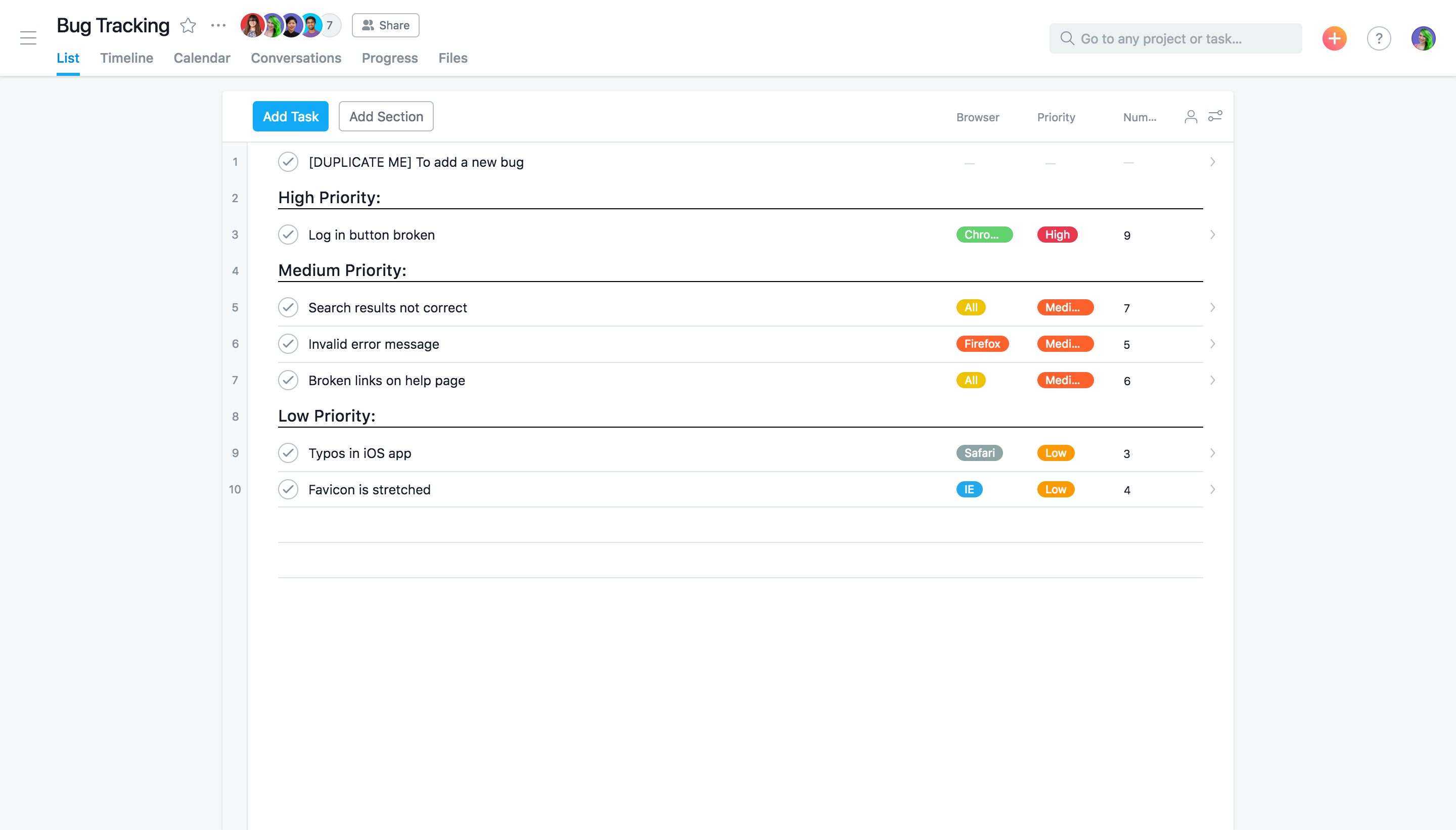 Bug tracking template in Asana