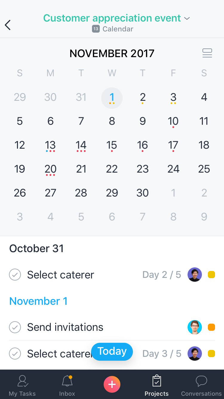 Calendar view in Asana's mobile app