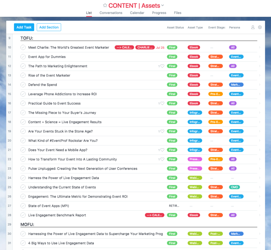 Content calendar in Asana