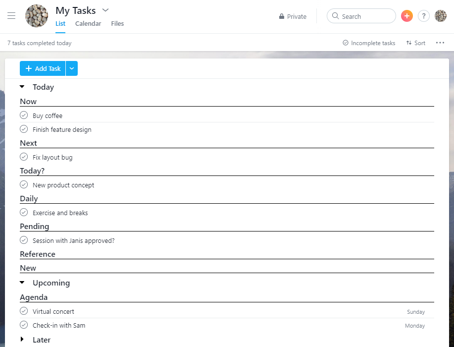 Asana コミュニティのマイタスクの例