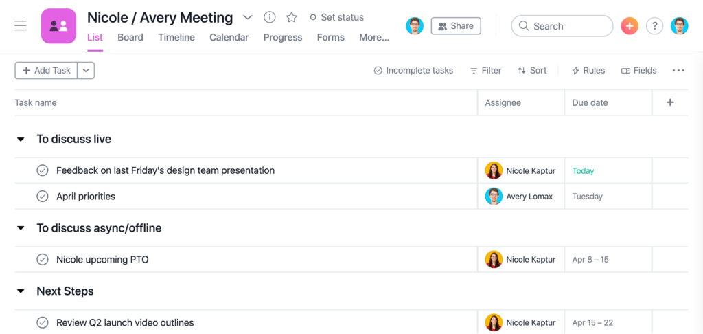 Agenda de reuniones en Asana