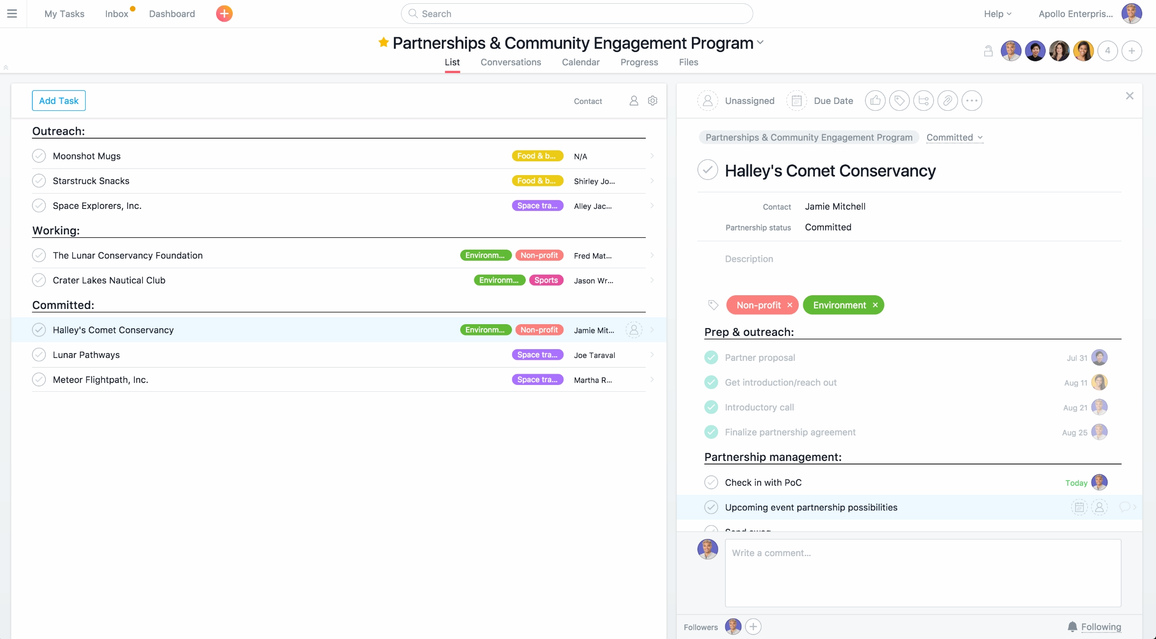 Asana project for community engagement