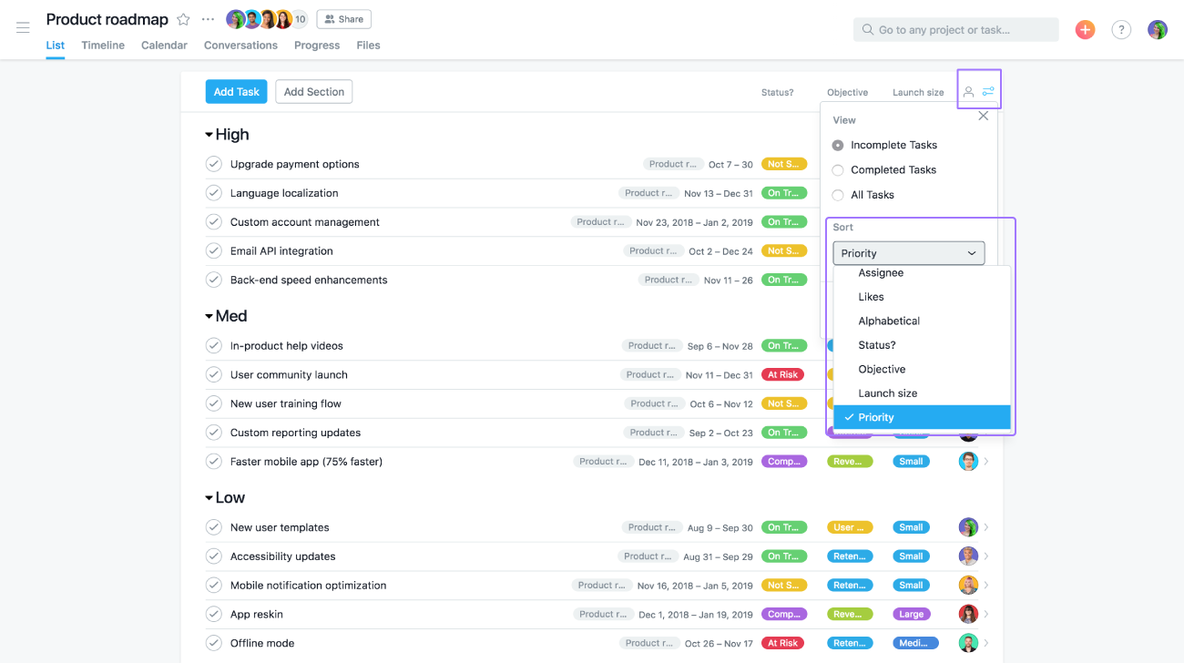 Example of a product roadmap in Asana list view